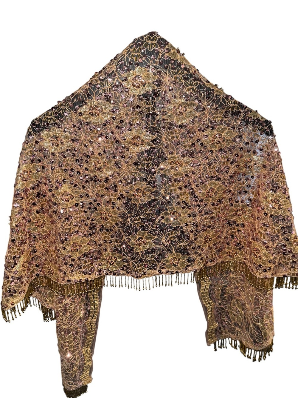 Best Quality Gold Mesh Lace Shawl Wrap with Sequin Beaded with Purple Accents - Picture 2 of 10